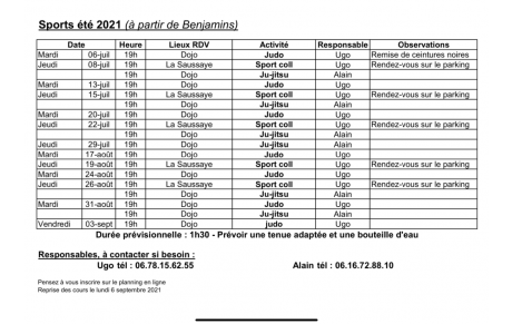 Planning Judo, Ju-jitsu été et Sports Collectifs pour juillet et août 2021